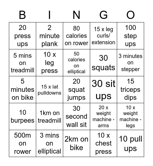 Fitness Bingo Card