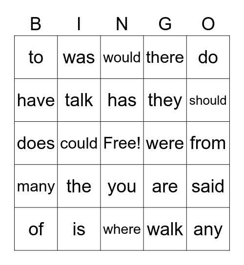 Irregular Words Bingo Card