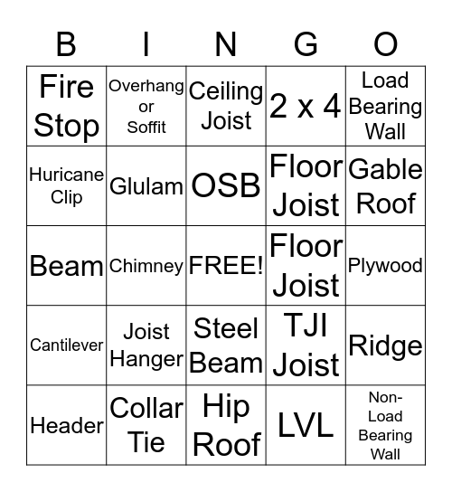New Home Construction Bingo Card