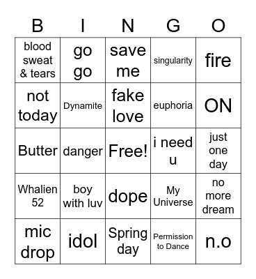 BTS Borahae 2022 Bingo Card