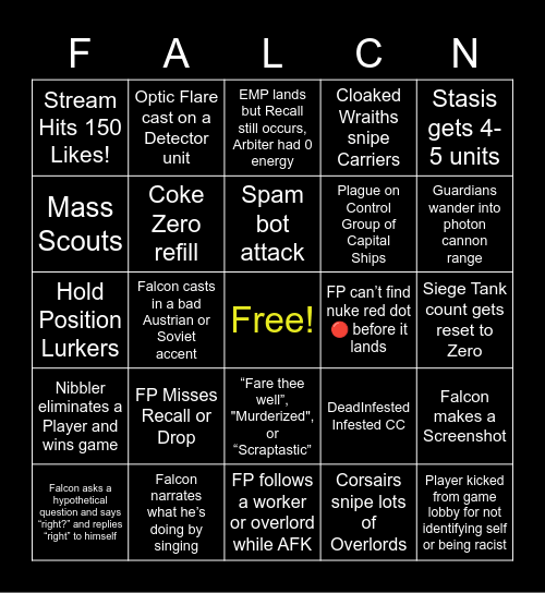 Falcon Paladin Sunday Stream Bingo Card