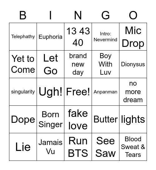 Bts Bingo Card