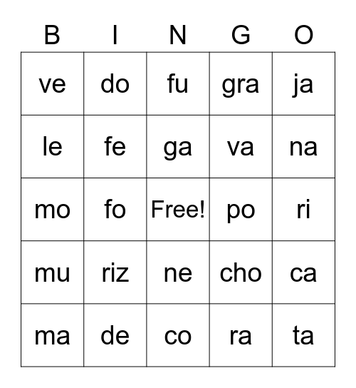 Sílabas- Ratón en venta Bingo Card