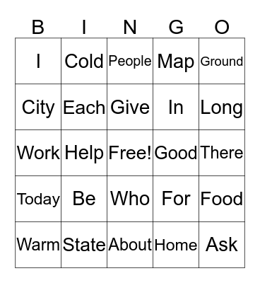 Sight Word Bingo Card