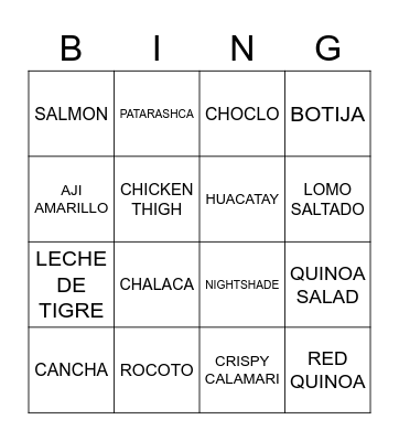Llama Inn Food Menu Bingo Card