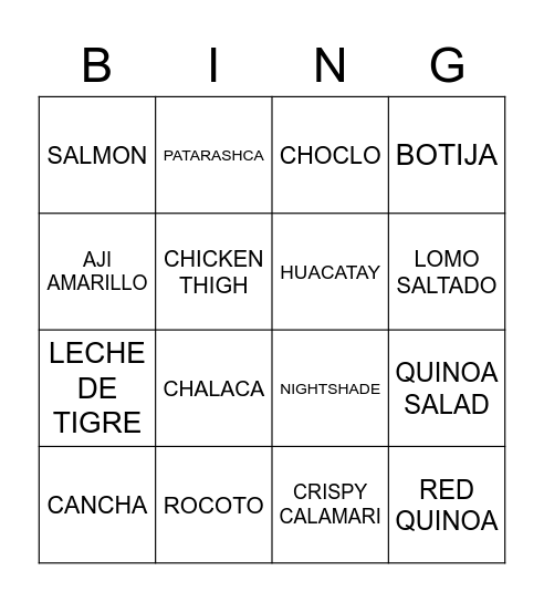 Llama Inn Food Menu Bingo Card