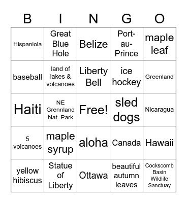 North & South America (Year 1) Bingo Card