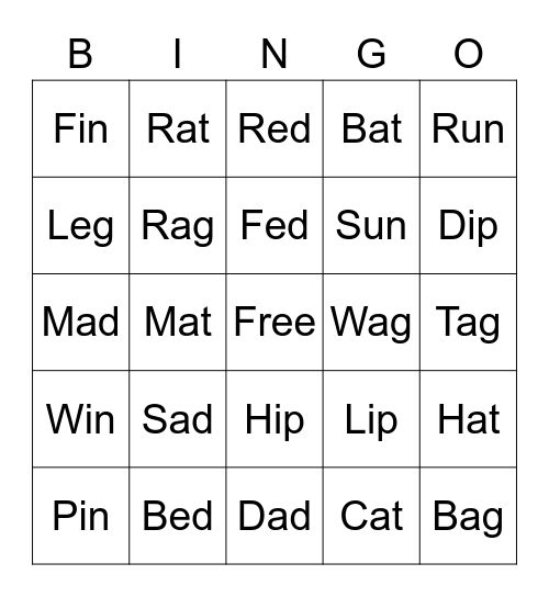 CVC words Bingo Card