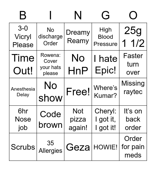 Peri-op bingo Card