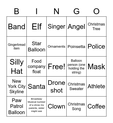 Thanksgiving/ Christmas Parade Bingo Card