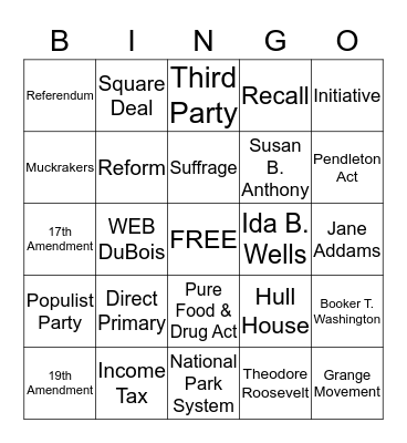 Progressive Era Bingo Card
