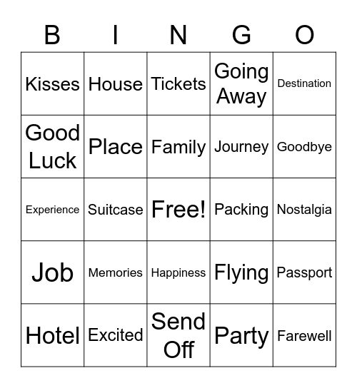 Bon Voyage Bingo Card