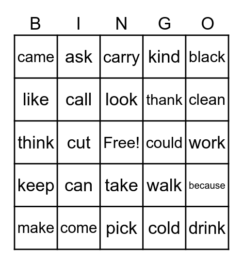 K Sight Word Bingo Card