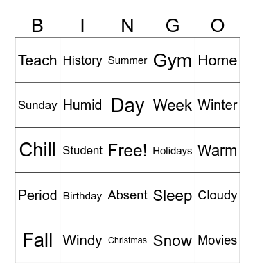 Calendar/Seasons/Holidays Bingo Card