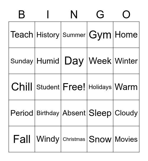 Calendar/Seasons/Holidays Bingo Card