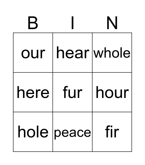 Homophone Bingo Card