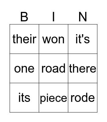 Homophone Bingo Card