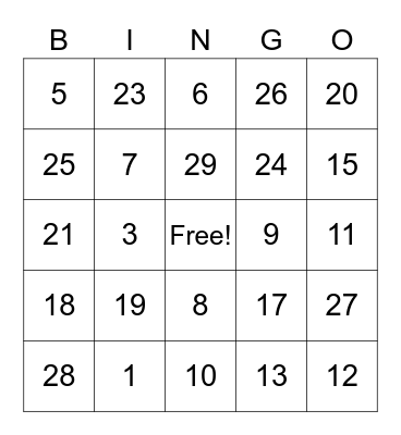 Addition (0-15) Bingo Card