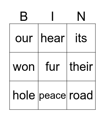 Homophone Bingo Card