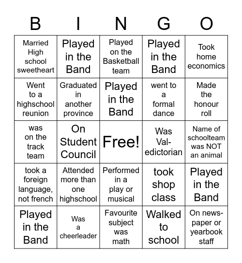 HIgh School Memories Bingo Card