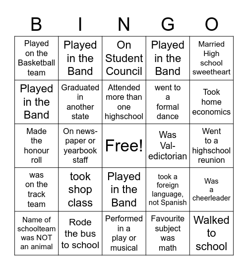 HIgh School Memories Bingo Card