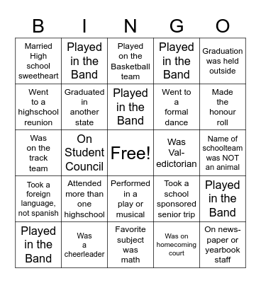 HIgh School Memories Bingo Card