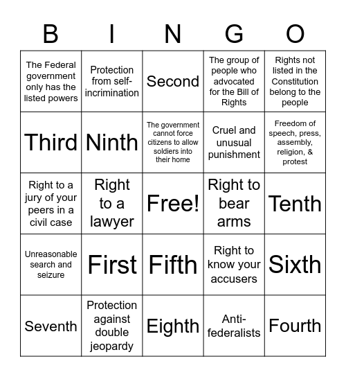 Bill of Rights Bingo Card