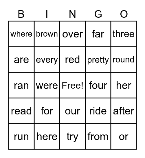 R Sight Words Bingo 1 Bingo Card