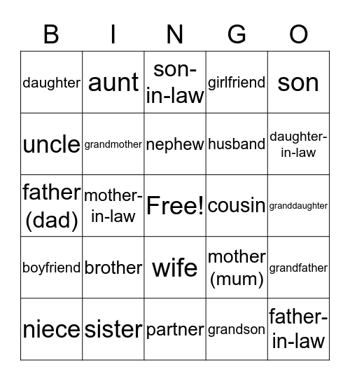 FAMILY MEMBERS Bingo Card
