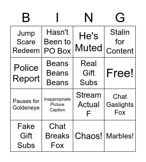 Comedy Fox Chat Bingo Card