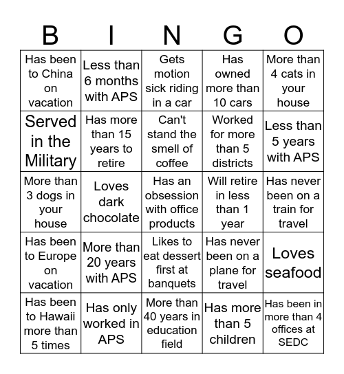 SEDC Bingo Card