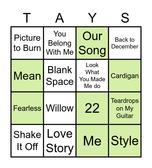 Taylor Swift Bingo Card