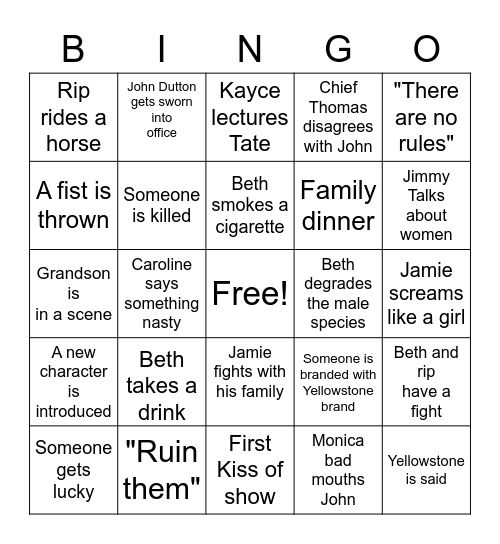 YELLOWSTONE Bingo Card