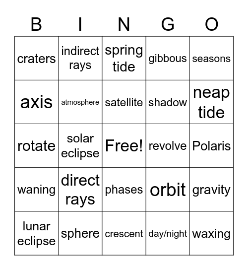 Earth, Sun, and Moon Bingo Card