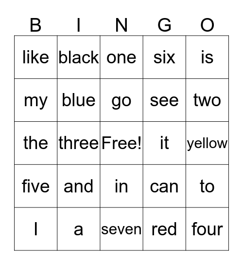Sight Word Bingo Card