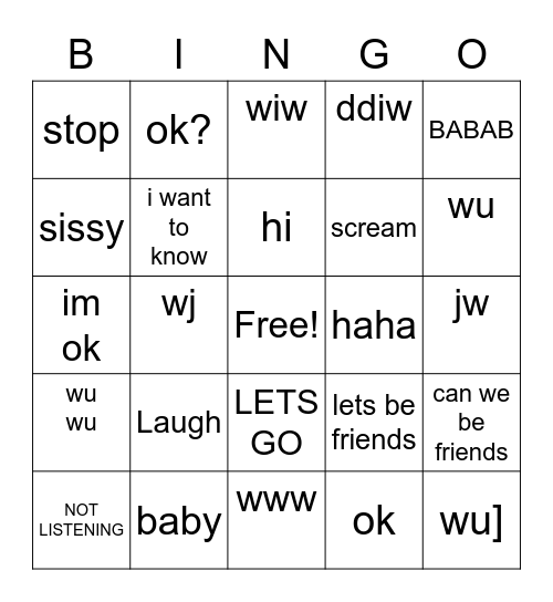 me and sissy bingo! Bingo Card
