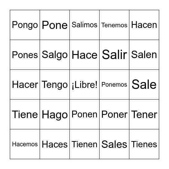 Salir, Hacer, Poner, Tener Bingo Card