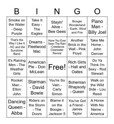 70s Music Bingo Card