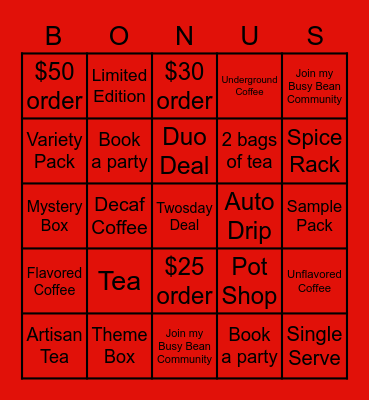 Bonus Prize Bingo Card