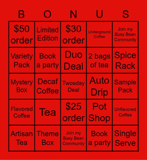 Bonus Prize Bingo Card