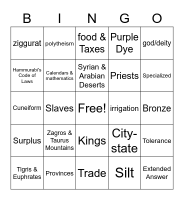 Mesopotamia Bingo Card