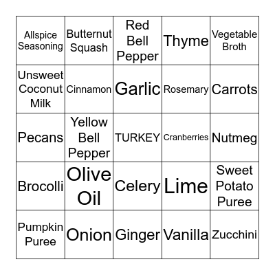 Thanksgiving Functional Foods Bingo Card