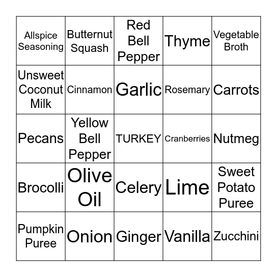 Thanksgiving Functional Foods Bingo Card