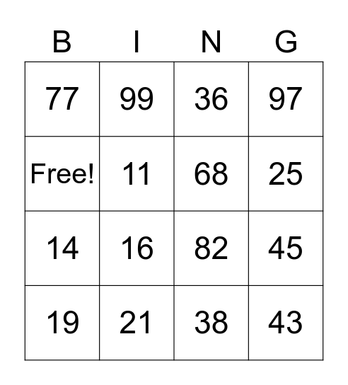number bingo Card