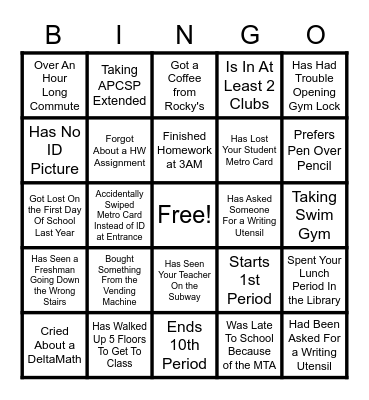 Brooklyn Tech Sophomore Bingo Card