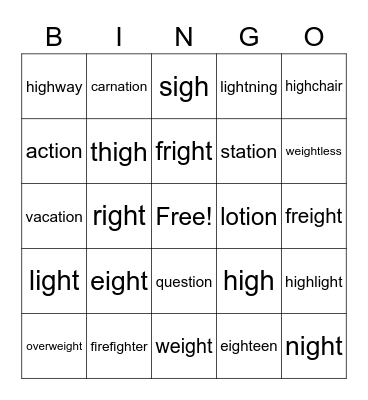 igh ight tion Bingo Card