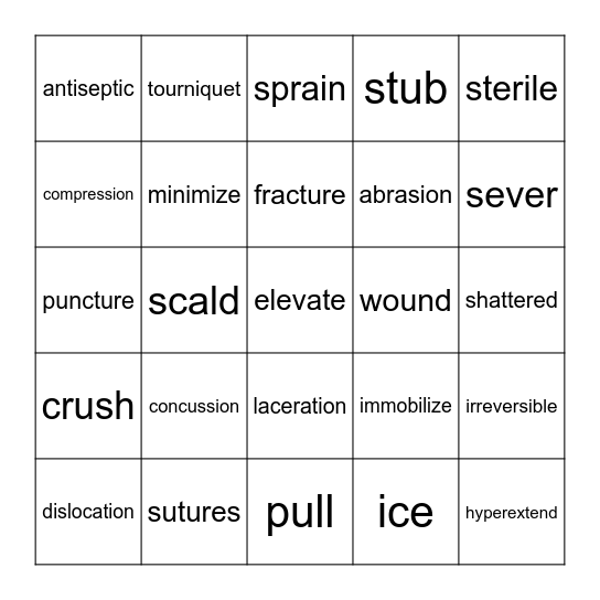 Vocabulary Words Related to Injuries Bingo Card