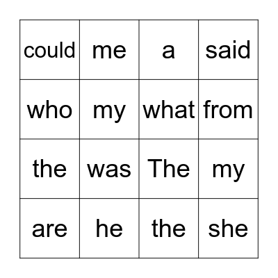 Heart Words Bingo Card