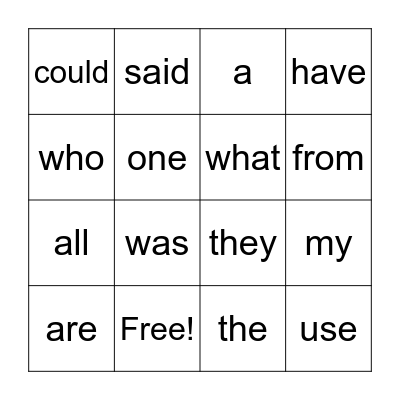 Heart Words Bingo Card