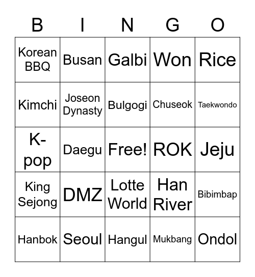 All About South Korea Bingo Card